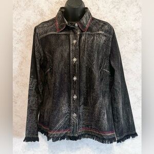 Chico’s Women's Faded Black Embroidered Designed Jean Denim Jacket Size 1 Medium